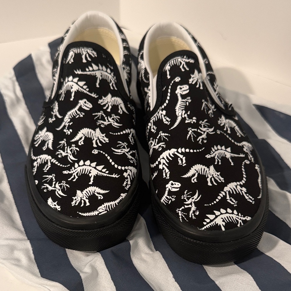 Vans Black and White Dinosaur Slip-On Shoes special order item